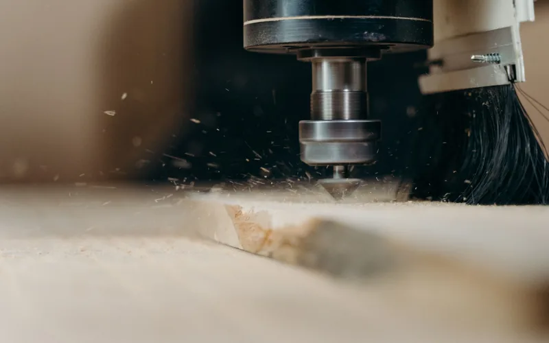 Fresa de un router CNC cortando un tablero entre aserrín